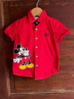 Vintage Unique Mickey Mouse Button-Down Shirt, Bright Red, 28 Mouse Ears on Back
